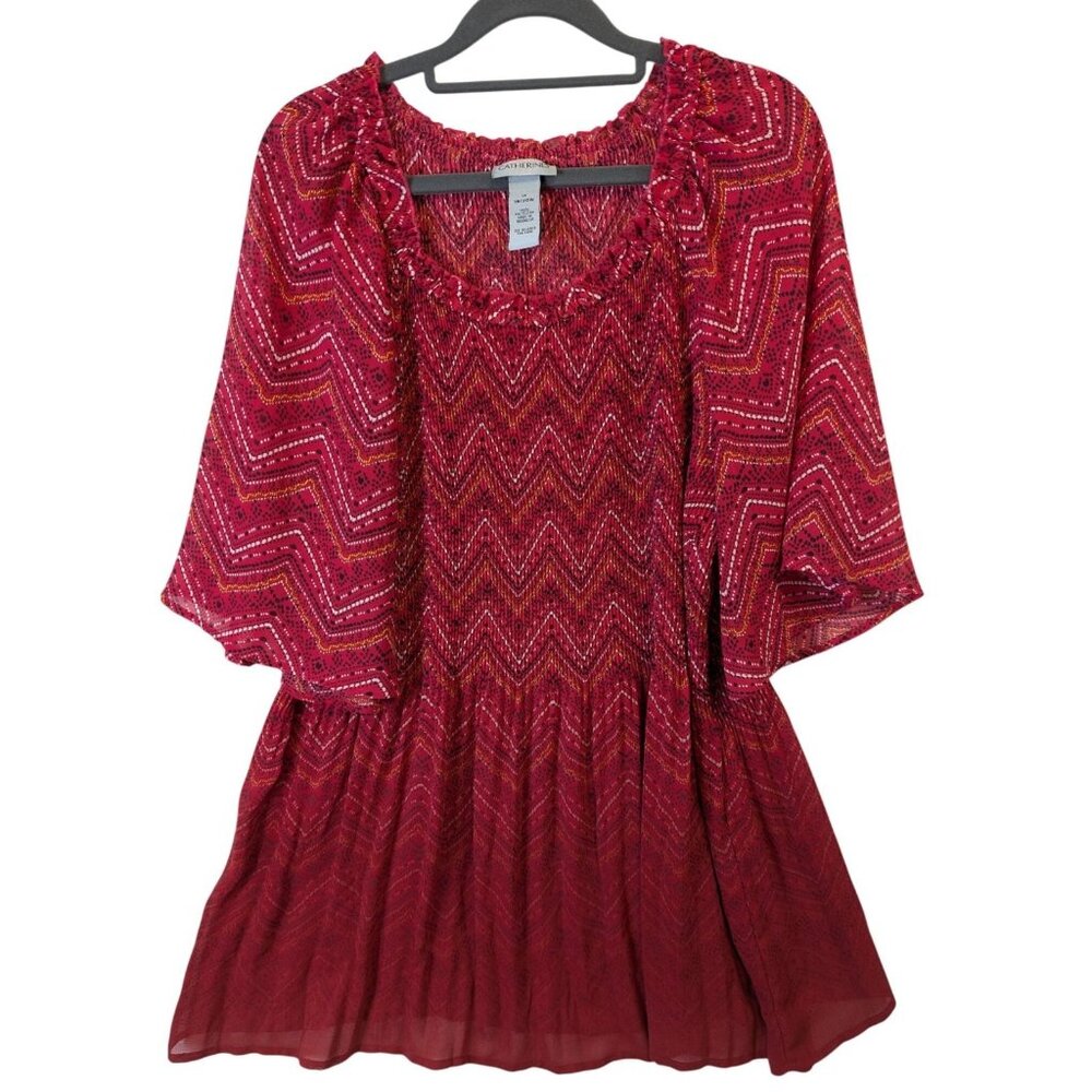 Catherines Top Women Plus sz 1X Artsy Pleated Sheer Stretch Boho Career Western - Picture 1 of 12
